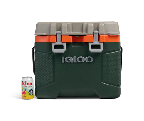 Heavy Duty 25 Quart Insulated Cooler Box With Thick Foam Walls For Serious Ice Retention Made In Usa next to a soda can.