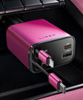 Retractable Car Charger Featuring 84W USB C Fast Power Dual Snakes Keep Your Center Console Crisp And Wire Free with pink design