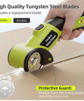 Heavy Duty Cordless Electric Cutter With 4V Rechargeable Battery And Two Sharpened Rotary Blades cutting cardboard with protective guard.