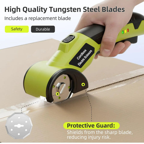 Heavy Duty Cordless Electric Cutter With 4V Rechargeable Battery And Two Sharpened Rotary Blades cutting cardboard with protective guard.