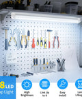 Ultra Bright 24W 3600LM 6500K D Shape T8 LED Shop Light Linkable Fixture installed above workbench with tools