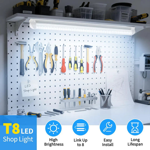 Ultra Bright 24W 3600LM 6500K D Shape T8 LED Shop Light Linkable Fixture installed above workbench with tools
