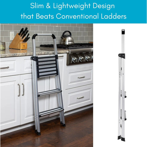 Lightweight Aluminum 3 Step Ladder With Wide Non Slip Steps Foldable Stepladder For Kitchen Pantry Closets And Home Office Space Saving Indoor Use Handy Portable Step Stool Durable Silver Finish, shown in kitchen