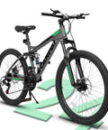 Gray-green beefed up dual suspension 24 inch mountain bike with 21 speed disc brakes, front fork, rear shock absorber, carbon steel frame.