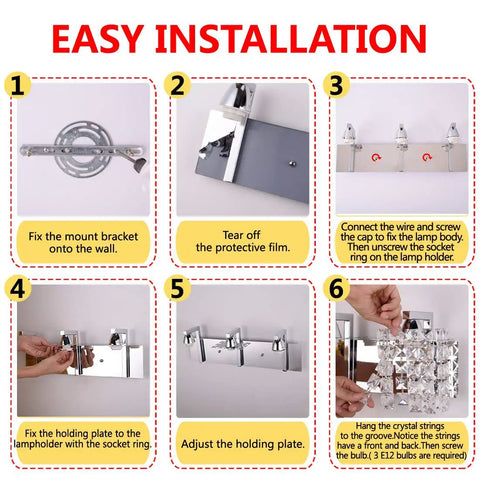 Step-by-step installation guide for Crystal Drop Wall Sconce In Polished Chrome Finish Three Light Vanity Lighting.