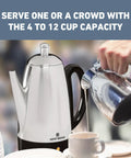 Electric Percolator Coffee Maker With Classic Style, 12 Cup Capacity, Stainless Steel Stem And Basket in use pouring coffee