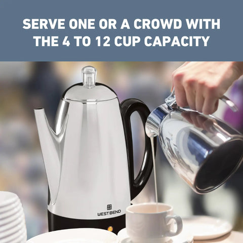 Electric Percolator Coffee Maker With Classic Style, 12 Cup Capacity, Stainless Steel Stem And Basket in use pouring coffee