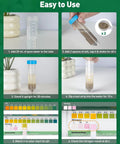 Instructions for using 2 In 1 Soil Test Kit For pH And Nitrogen With 150 Strips, showing step-by-step testing process with images.