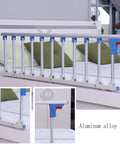 Adjustable Folding Bed Rail Guard With Aluminum Alloy Assist Handle for elderly and kids in white and blue on bed