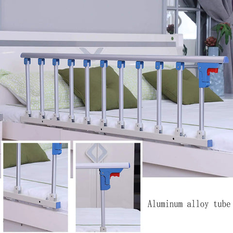 Adjustable Folding Bed Rail Guard With Aluminum Alloy Assist Handle for elderly and kids in white and blue on bed