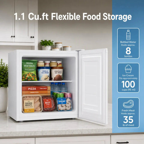 Compact 1.1 Cu Ft Upright Mini Freezer In Bright White For Dorms Small Apartments And Garages with frozen food and drinks inside.