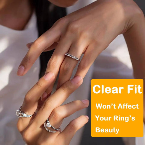 Hands wearing rings using All In One Ring Sizer Kit With Belt And 12 Ring Size Guards For Loose Rings, Invisible Guards And Spacer Tightener.