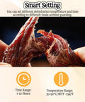 Close-up of dried meat showing smart setting options for the Heavy Duty Stainless Steel Food Dehydrator For Fruits Veggies And Meats.