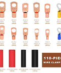 Heavy Duty Copper Wire Lugs And Ring Terminals With Heat Shrink Tubing AWG 2 4 6 8 10 12 Gauge Assortment Kit containing assorted lugs and tubing.