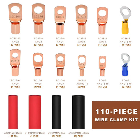 Heavy Duty Copper Wire Lugs And Ring Terminals With Heat Shrink Tubing AWG 2 4 6 8 10 12 Gauge Assortment Kit containing assorted lugs and tubing.