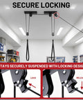 2 Pack Bike Ceiling Hoist Storage System for Garage Weight Lifting Gear 88 Pounds Capacity Heavy Duty Steel Pulley Rack Organizer with secure locking mechanism.