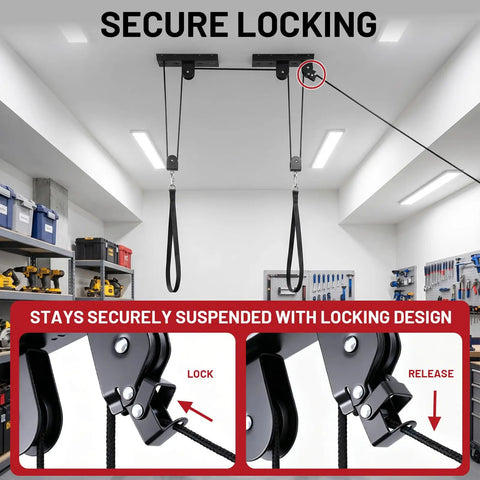 2 Pack Bike Ceiling Hoist Storage System for Garage Weight Lifting Gear 88 Pounds Capacity Heavy Duty Steel Pulley Rack Organizer with secure locking mechanism.