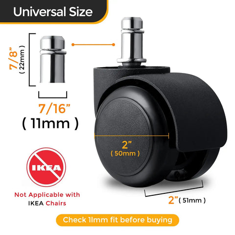 2 Inch Office Chair Caster Wheels For Smooth As Butter Rolling Experience Universal Fit Heavy Duty Gaming And Office Desk Setup Silent Glide showing universal size and 11mm stem.