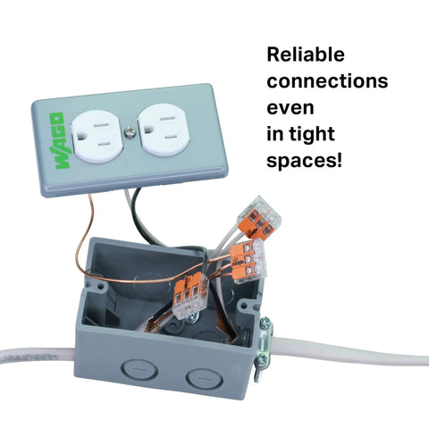 221-412 Compact Lever Nuts Splicing Connectors in use with outlet box showcasing tool-free quick connect and wiring.