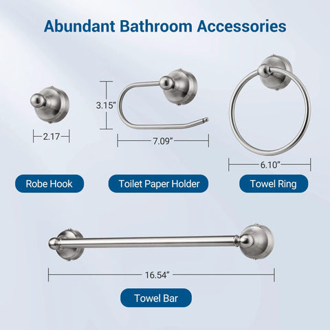 All In One 5 Piece Bathroom Light Set With 3 Light Brushed Nickel Vanity Light Glass Shades Towel Bar Towel Ring Robe Hook And Toilet Paper Holder Modern Bath Upgrade showing dimensions.