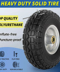 10 Inch Flat Free Tire And Wheel Set 4.10/3.50-4 With 5/8 Inch Axle Bore And 2.2 Inch Offset Hub, shown in heavy-duty polyurethane material