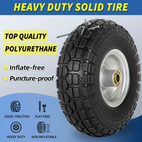 10 Inch Flat Free Tire And Wheel Set 4.10/3.50-4 With 5/8 Inch Axle Bore And 2.2 Inch Offset Hub, shown in heavy-duty polyurethane material