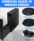 Quick Draw Slide Out Biometric Pistol Safe Fast Deploy Handgun Security Box showing fingerprint reader and PIN keypad.