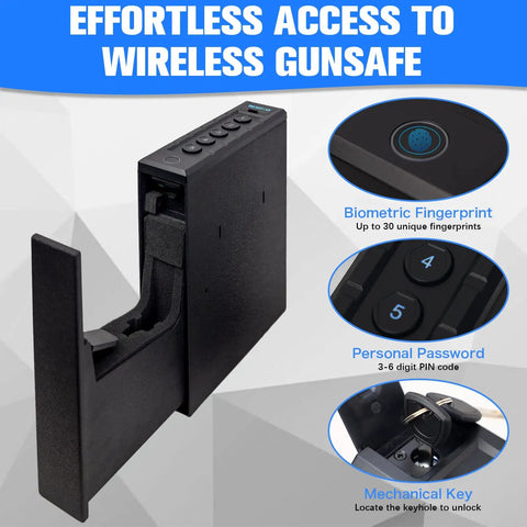 Quick Draw Slide Out Biometric Pistol Safe Fast Deploy Handgun Security Box showing fingerprint reader and PIN keypad.