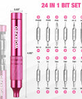 Pretty Dang Useful 24 Piece Mini Screwdriver Set With Slick Magnetic Bits And Precision Driver Options In Pink with bit sizes shown.