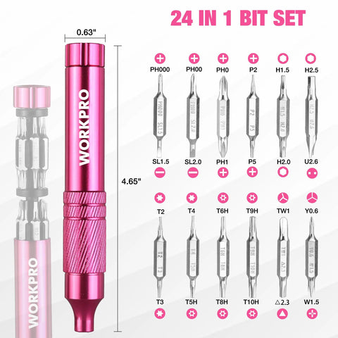 Pretty Dang Useful 24 Piece Mini Screwdriver Set With Slick Magnetic Bits And Precision Driver Options In Pink with bit sizes shown.