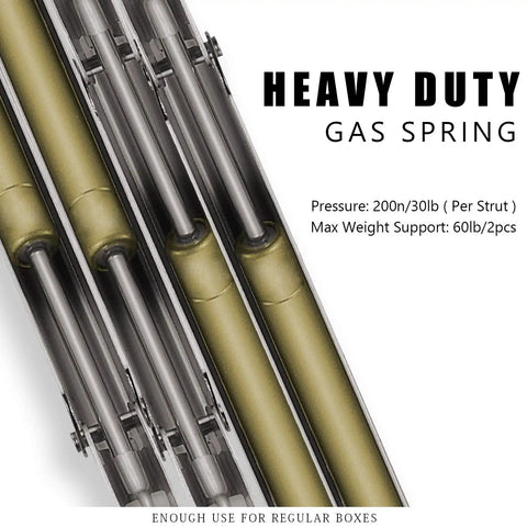 Close-up of Gas Struts 200N 30Lb Heavy Duty Safety Pneumatic Hinges With Slow Lowering for cabinets and boxes.