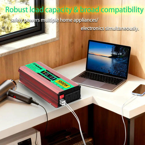 1000 Watt Power Inverter 12V Dc To 120V Ac Converter For Cars Trucks Rvs Camper Vans on desk powering devices with dual USB ports.