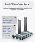 2-in-1 Offline Cloner Dock for M.2 NVMe & SATA Duplicator supporting offline and PC read/write modes.