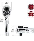 Stubby 1/4 Inch Ratchet Wrench With Quick Release, Reversible 72 Tooth Mechanism, dual sided for sockets and hex bits, dimensions shown