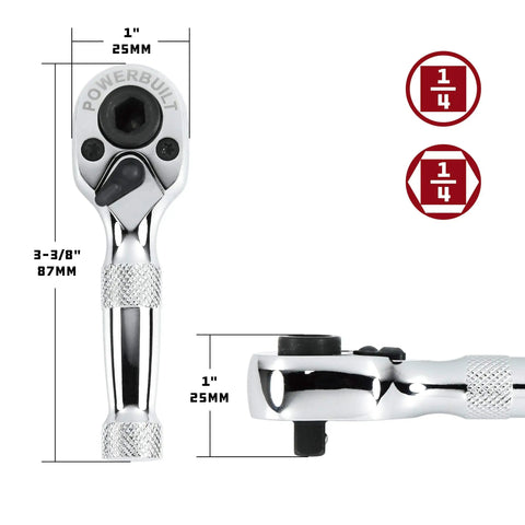 Stubby 1/4 Inch Ratchet Wrench With Quick Release, Reversible 72 Tooth Mechanism, dual sided for sockets and hex bits, dimensions shown