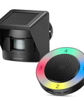 Black solar-powered wireless driveway alarm system with 2600 ft range, showing motion sensor and color-coded volume control receiver.