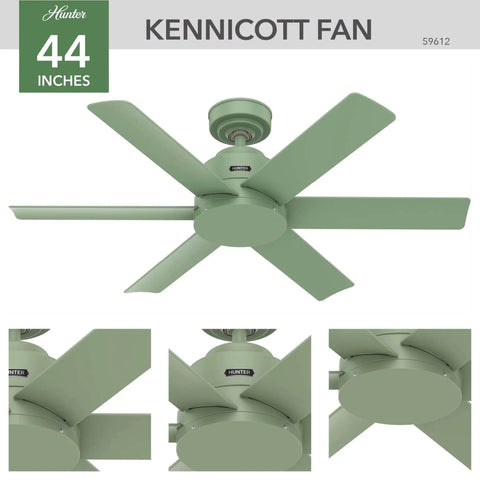 Kennicott 44 Inch Indoor Outdoor Ceiling Fan with Dusty Green Blades and Wall Control shown in multiple angles