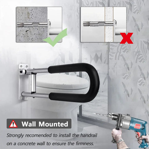 23.6 Inch Foldable Handrail Grab Bar Wall Mounted Toilet Safety Support For Handicap Elderly Seniors Disabled In Shower Bathroom Accessories Rock Solid 90 Degree Flip Up Design With Aircraft Aluminum And Up To 300 Lbs Capacity, installation process shown with wall drilling tool