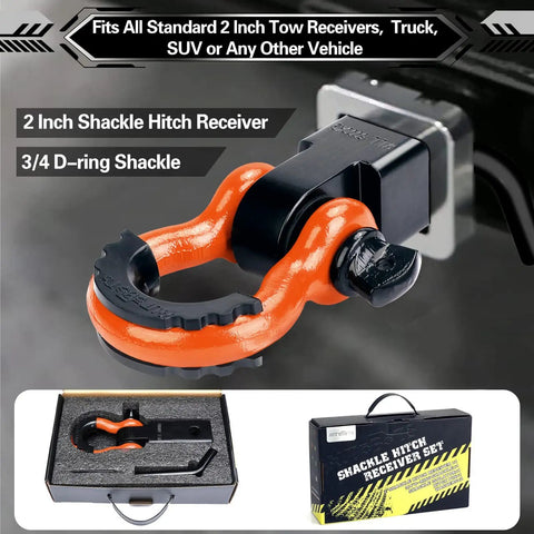 Beefy Heavy Duty Two Inch Shackle Hitch Receiver With Forty Five Thousand Pound Break Strength For Vehicle Recovery Off Road Includes Five Eighth Inch Screw Pin And Three Quarter Inch D Ring Shackles In Bright Orange And Black attached to a truck.