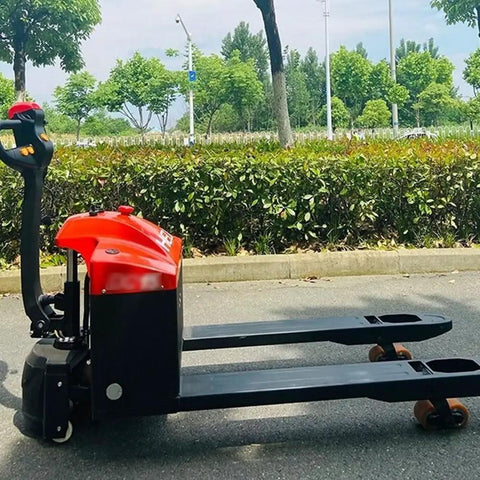 Electric Pallet Jack For Warehouse Use With Hydraulic Lift And Long Reach Forks Smooth Loading And Unloading Of Heavy Pallets Mobile Forklift Style Pallet Truck For Easy Transport, red steel frame