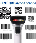 Three In One 2D Barcode Scanner Handheld USB Wired 2.4G Wireless Bluetooth No Software Install Needed Windows Mac QR PDF417 1D QuickBooks Easy Plug And Play Vibration with barcodes in background