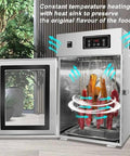 Heavy Duty Commercial Electric Food Dehydrator With Rotating Stainless Steel Rack And Precision Heat Control For Homemade Meat Jerky And Herbs, interior view with hanging meats, and heat circulation.