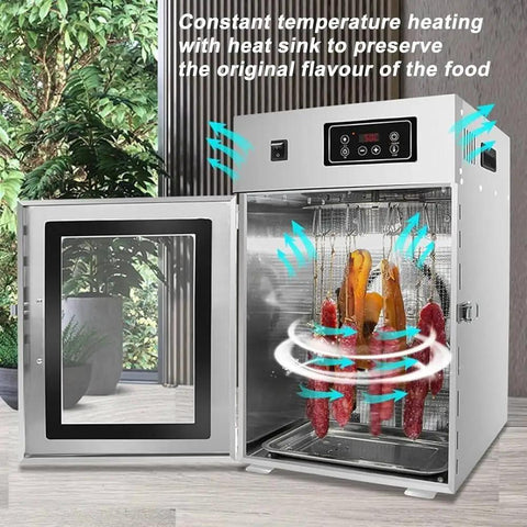 Heavy Duty Commercial Electric Food Dehydrator With Rotating Stainless Steel Rack And Precision Heat Control For Homemade Meat Jerky And Herbs, interior view with hanging meats, and heat circulation.