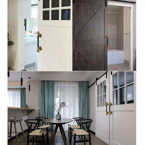 Industrial Barn Door Pull Handle For Sliding Doors With Rustic Black Iron Hardware And Antique Cast Iron Finish on white doors