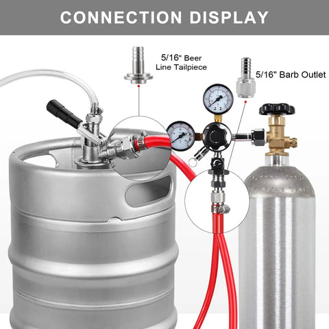 Connection display of 25 Foot Beer CO2 Gas Line Kit For Homebrew And Kegerator, Five Sixteenth Inch Red CO2 Tubing With 304 Stainless Steel Clamps