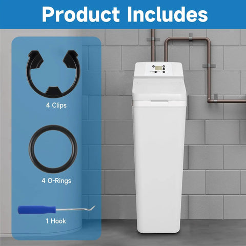 Water Softener Clip Kit For GE Kenmore Whirlpool Morton Systems with clips, O-rings, and hook displayed next to softener unit.