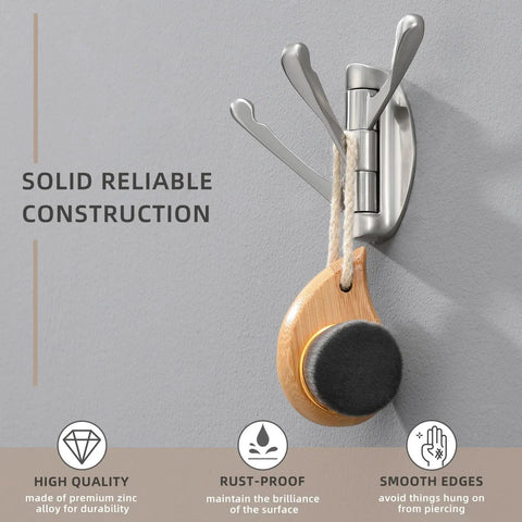 Foldable Three-Arm Swivel Wall Hook In Brushed Nickel Finish, Space-Saving Bathroom Organizer For Towels Robes Coats Hats