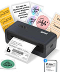 Wireless 4x6 Bluetooth Thermal Label Printer For Small Business And Shipping Print From IPhone Android Windows MacOS Easy App Connectivity For Amazon FBA And Shopify Orders Compact Desk Friendly shown with printed labels and mobile app interface.