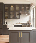 Modern kitchen with 3 Inch Solid Brass Cabinet Pulls Round Bar Handles Brushed Gold 4 Pack Durable Drawer Pulls on gray cabinets