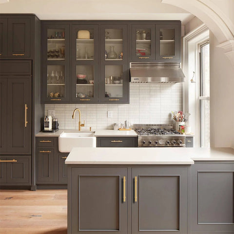 Modern kitchen with 3 Inch Solid Brass Cabinet Pulls Round Bar Handles Brushed Gold 4 Pack Durable Drawer Pulls on gray cabinets